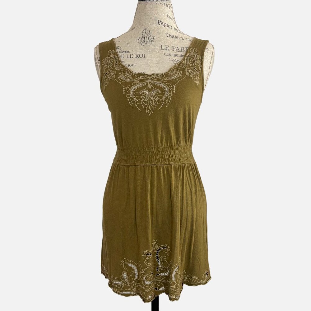 Boho Olive Green Embroidered Mini Dress - Sleeveless, Smocked Waist- M